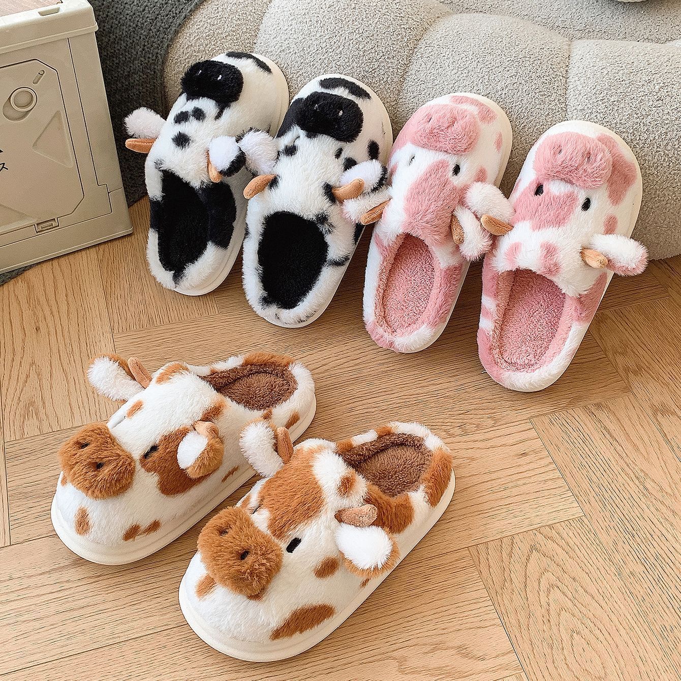 Cute Cartoon Cow Plush Slippers Winter Warm Indoor Bedroom F - Bellarte Enchanté Cute Cartoon Cow Plush Slippers Winter Warm Indoor Bedroom F